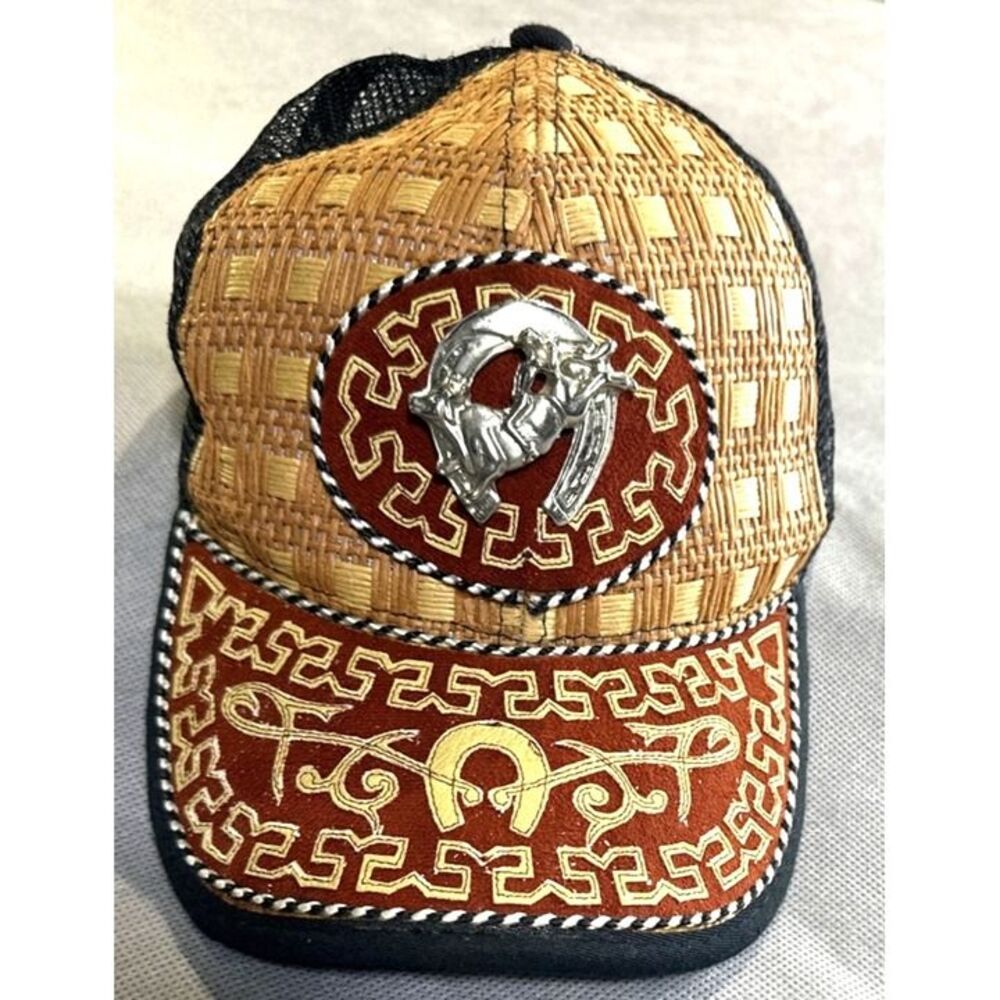 Handmade Straw & Mesh Trucker Cap With Intricate Embroidery & Metal Accent Adjus